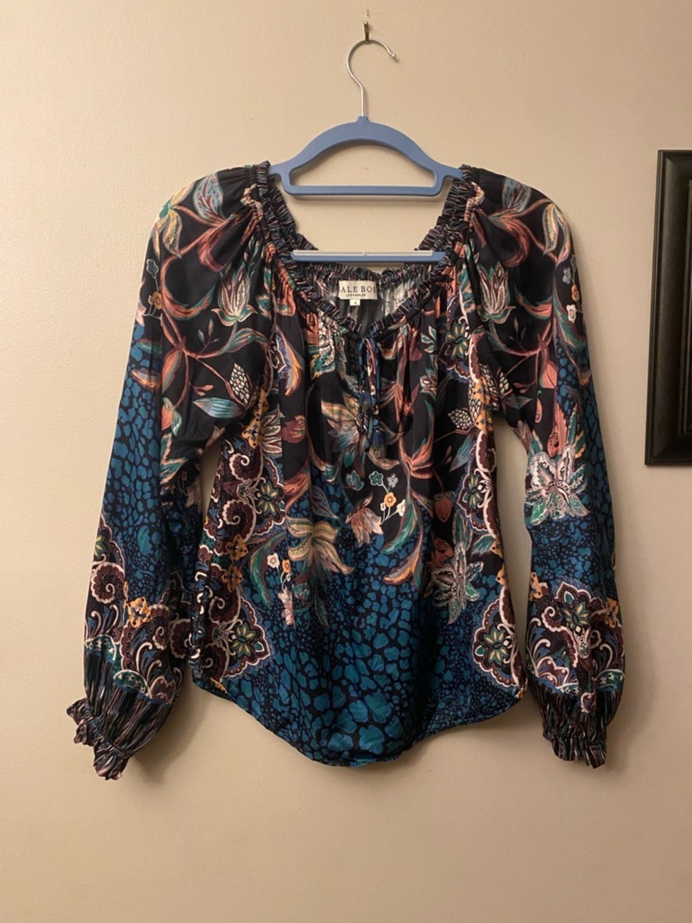 Hale Bob Multicolor Floral Peasant Blouse in Navy and Teal
